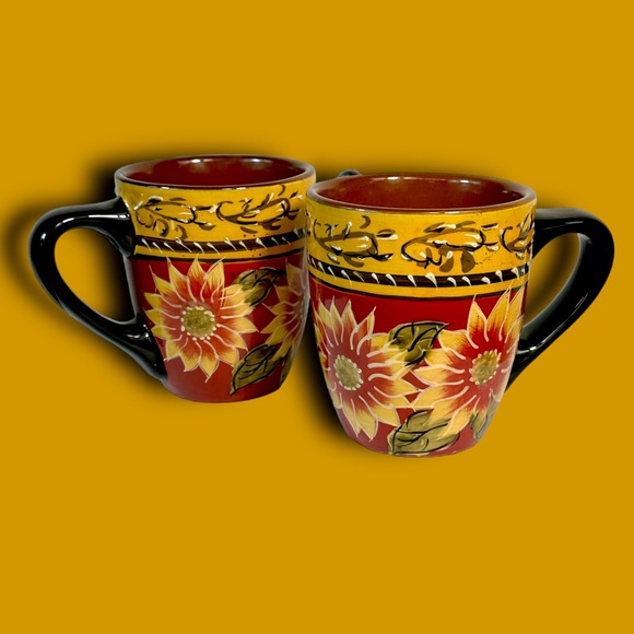PIER 1 IMPORTS mugs sunflowers hand-painted terracotta set of two NEW burgandy - Picture 3 of 5
